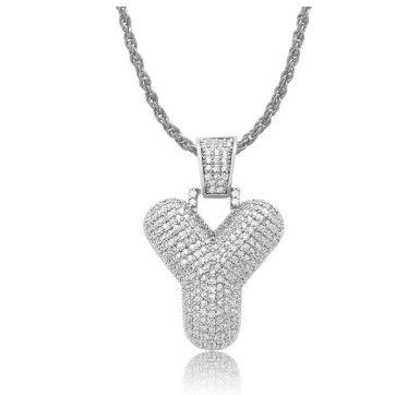 PIPE Rhodium HH Bubble Letter necklace with rhinestone details and a rope chain, showcasing a trendy hip hop style.